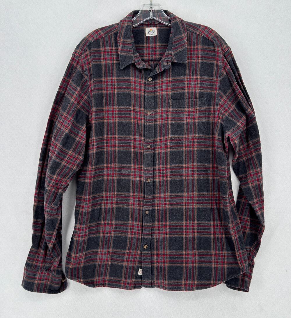 Marine Layer Mens Gray Red Plaid Flannel Collared Button Down Shirt Sz XL